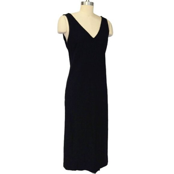 Donna Karan Signature Black Wool Blend V Neck Dress Size 10 Leather Sleeveless - Picture 1 of 16